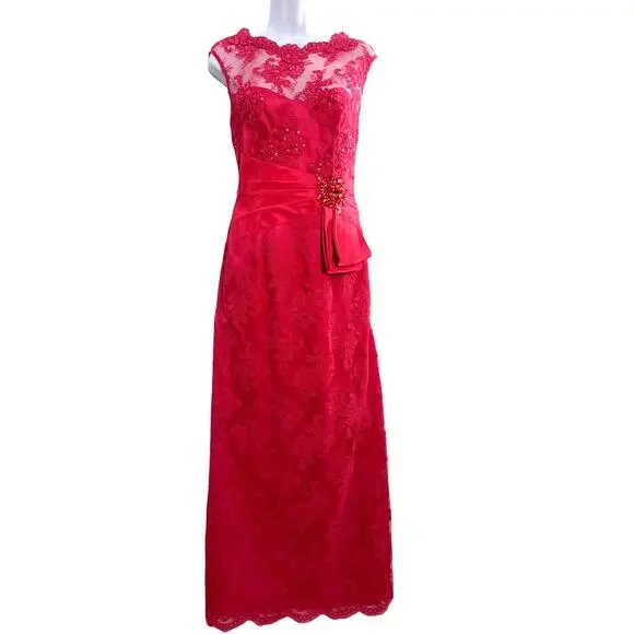 Rickie Freeman Teri Jon Gown Women's Size 2 Red Lace Formal Party Maxi Dress - Picture 10 of 16
